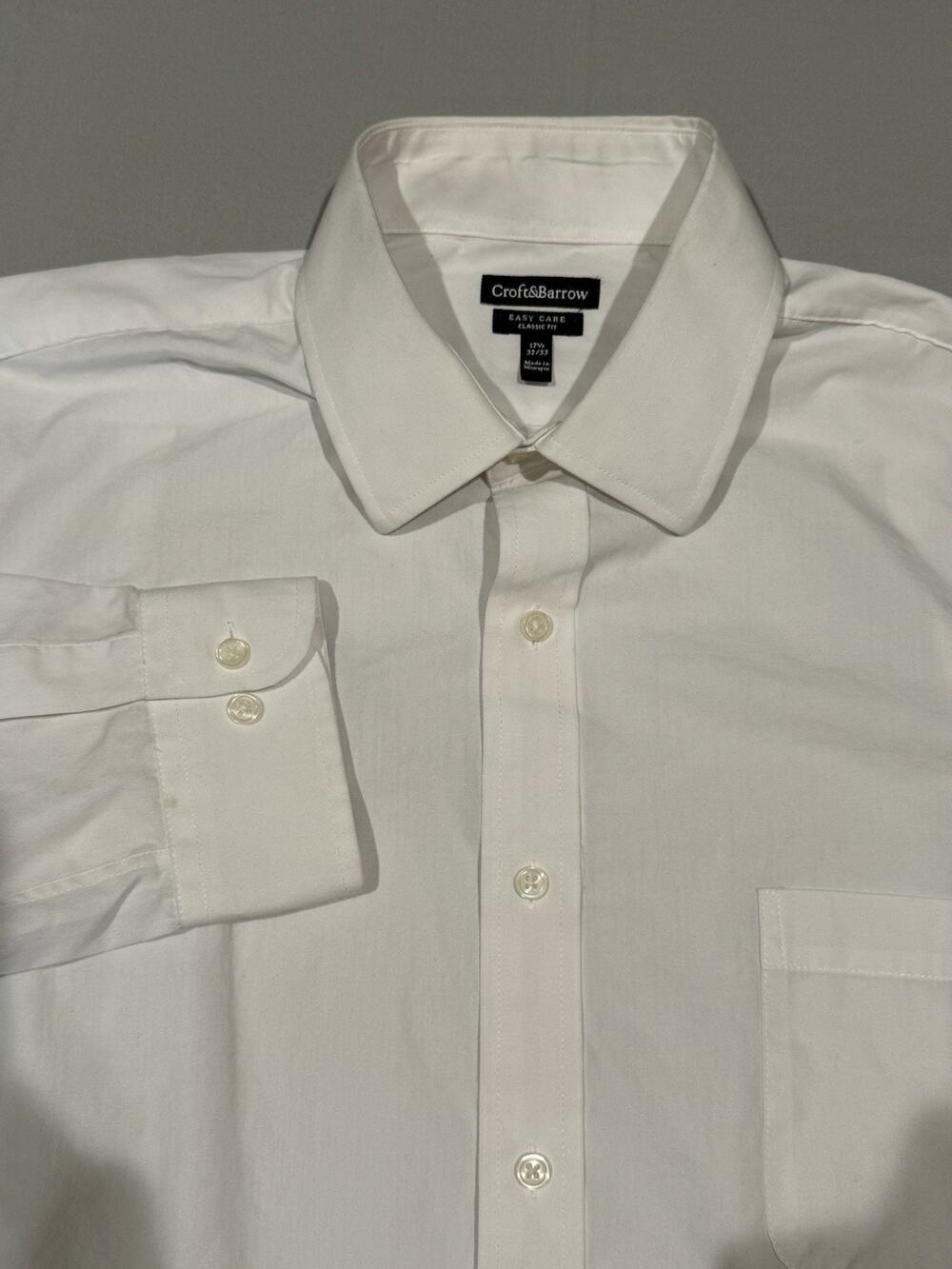 Croft & Barrow Mens 17.5 32/33 White Dress Shirt Classic Fit long sleeve